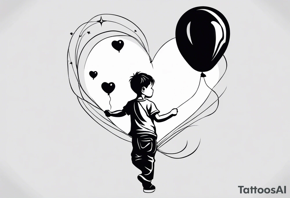 tatoo in little boy holding a string to the earth shaped baloon.
boy should be drawed from behinfd anhas one hand reaching up in 45 degree angle and holding the baloon string
the string has a big wave look like a hearbeat pulse.
hearth party baloon is tattoo idea