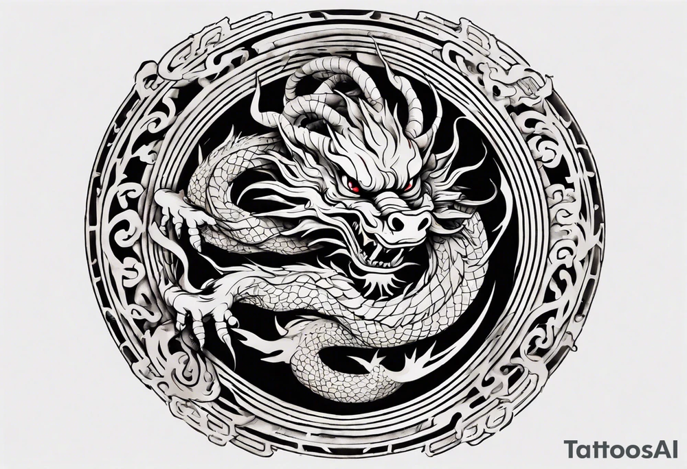 Chinese dragon in a circular shape with "02.03" written on its skin tattoo idea