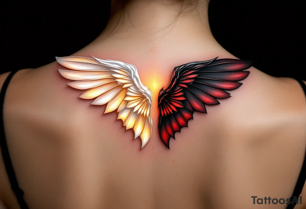 A pair of wings split down the middle—one side an angelic white feathered wing, glowing with soft golden hues, and the other a dark bat-like wing, with deep black and red undertones. The two halves merge at the center, representing the balance of light and darkness. tattoo idea