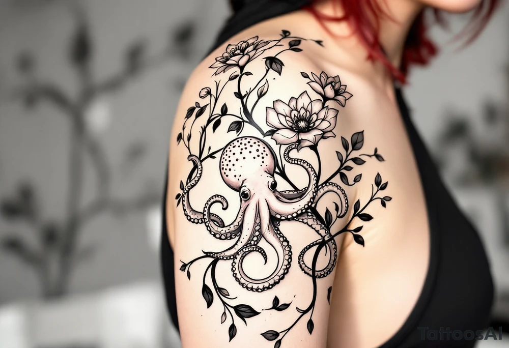 A unique, seamless tattoo composition combining marine and botanical elements. A small, realistic octopus with detailed linework and smooth black-and-grey shading is integrated into an elegant floral vine. The octopus’ tentacles flow naturally and intertwine with thin black swirling lines and soft, semi-transparent brown leaves that wrap around the upper arm and shoulder. On the shoulder, a delicate mandala-style flower blooms, with dotwork and ornamental flourishes that radiate outward.
The overall style is fine-line, minimalistic, and organic — blending the lifelike texture of the octopus with the graceful rhythm of the botanical flow. Feminine, artistic, and slightly surreal, as if the octopus is part of the natural growth of the vines. Design is intended for placement on the upper arm and shoulder, curving naturally with the body. tattoo idea
