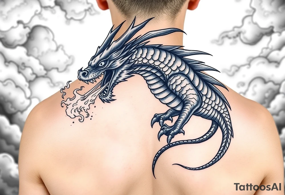 fierce dragon breathing iridescent fire against stormy skies tattoo idea