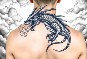 fierce dragon breathing iridescent fire against stormy skies tattoo idea