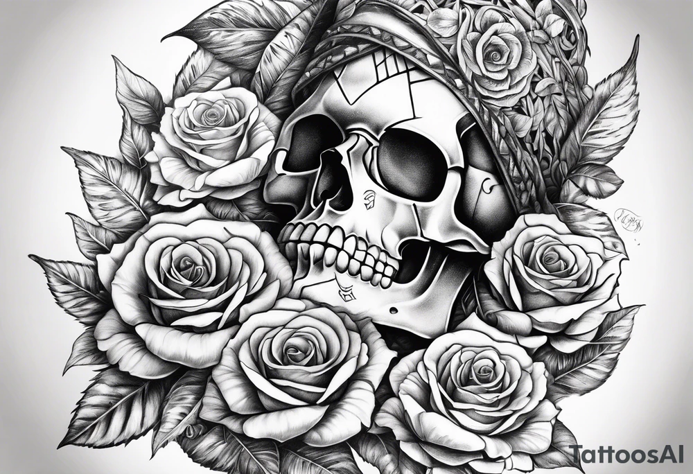 Un pilier romain, un crâne, des roses, un couteau tattoo idea
