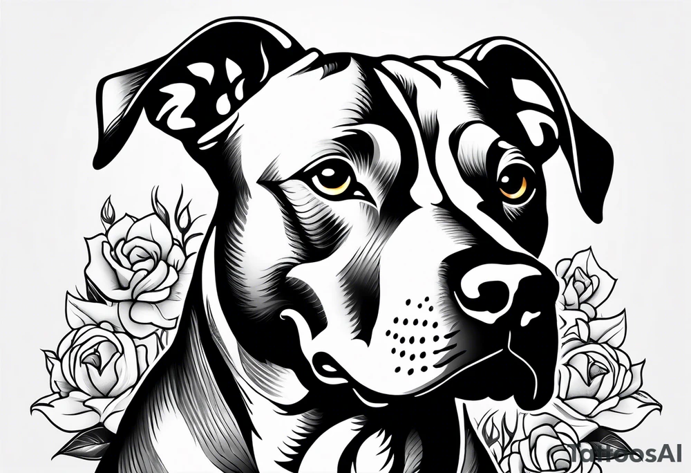pit bull looking up at you with flowers on skin tattoo idea