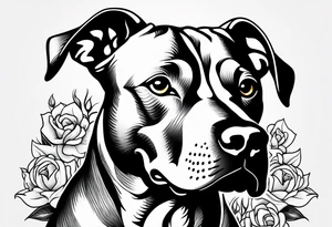 pit bull looking up at you with flowers on skin tattoo idea