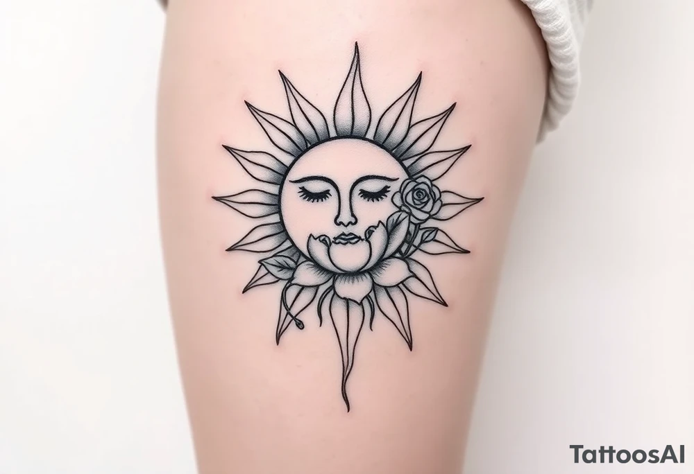 Sun with simple face, rose, and crab traditional tattoo idea