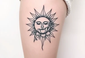 Sun with simple face, rose, and crab traditional tattoo idea