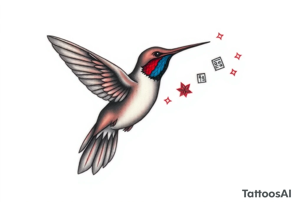 A hummingbird leaving a trail of glowing hieroglyphs as it flies(only red , blue and black are possible colors) tattoo idea