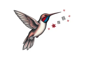 A hummingbird leaving a trail of glowing hieroglyphs as it flies(only red , blue and black are possible colors) tattoo idea