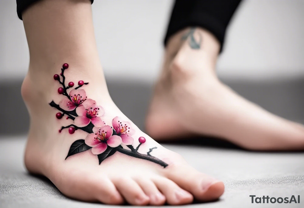 A foot tattoo of colorful cherry blossoms with a pink branch tattoo idea