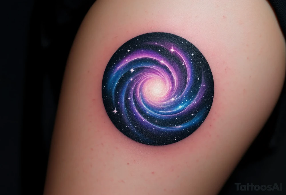 A small galaxy-filled circle in purple, indigo, and black, with specks of white stars. tattoo idea