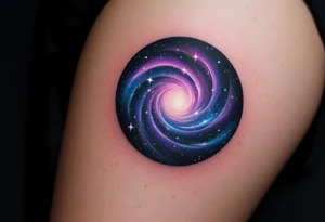 A small galaxy-filled circle in purple, indigo, and black, with specks of white stars. tattoo idea