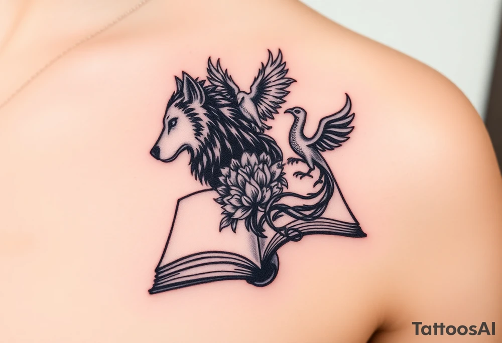An open book with silhouettes of a werewolf, owl, dragon & phoenix above it tattoo idea