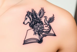 An open book with silhouettes of a werewolf, owl, dragon & phoenix above it tattoo idea