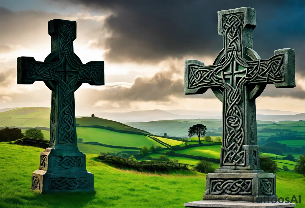 A large, weathered stone Celtic cross standing proudly atop a lush green hill, its four arms stretching skyward. The cross is intricately carved with intertwining knots and spirals, reflecting the artistry of the ancient Celts. A large raven sits perched at the intersection of the cross's arms, its ebony feathers gleaming in the soft light. The bird's eyes seem to hold a wisdom beyond its years, as if it has been witness to countless generations come and gone. tattoo idea