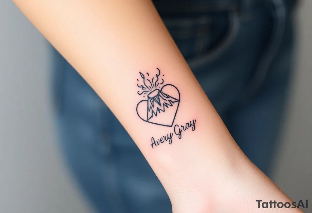 Female Geometric Volcano tattoo erupting in a heart with text Avery Gray on wrist tattoo idea