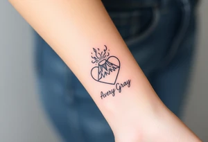 Female Geometric Volcano tattoo erupting in a heart with text Avery Gray on wrist tattoo idea