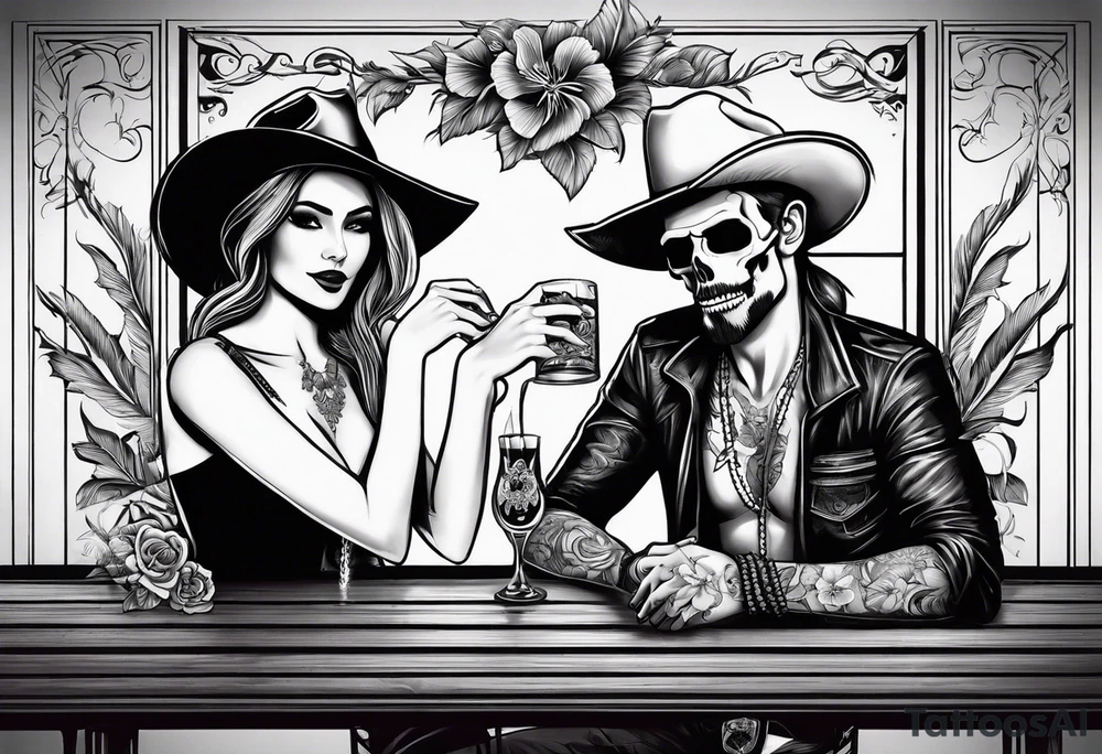 a bar scene with a skeleton couple with hibiscus flowers. western style tattoo idea