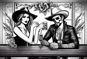 a bar scene with a skeleton couple with hibiscus flowers. western style tattoo idea