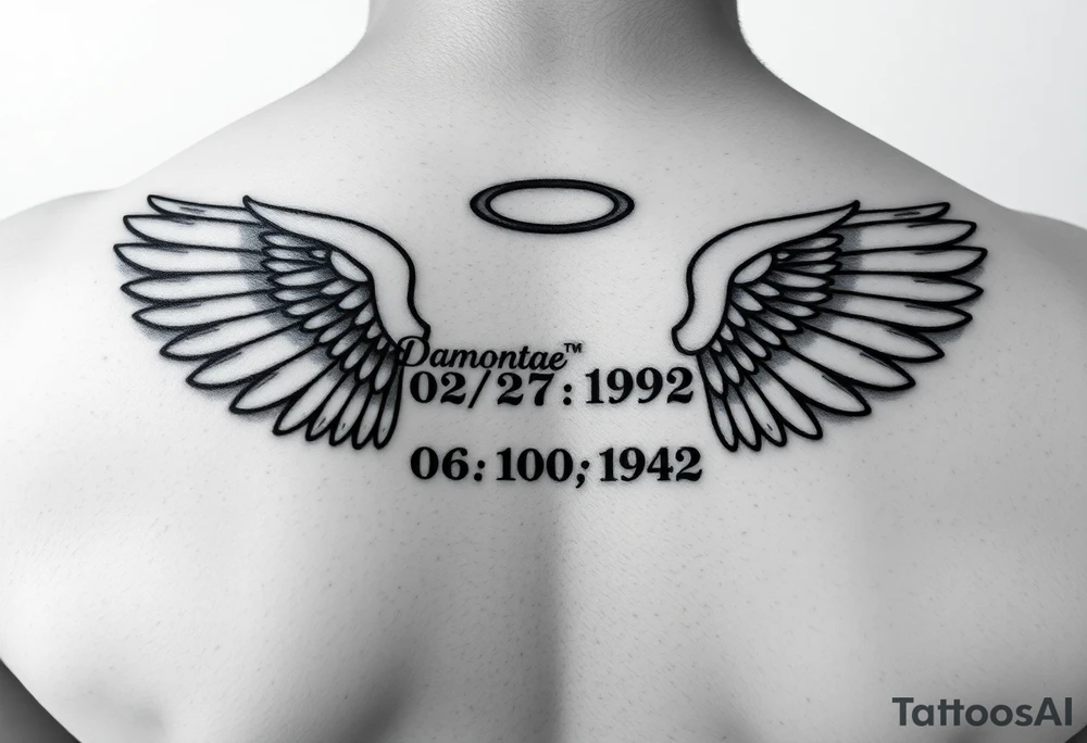 “Damontae 02/27/1992 and under that Willie Mae 06/10/1942” inside a pair of wings with a halo on top of the names and wings tattoo idea