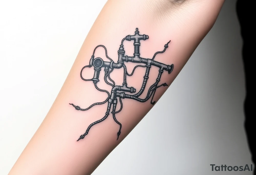long
System of pipes that transitions into veins of forearm tattoo idea