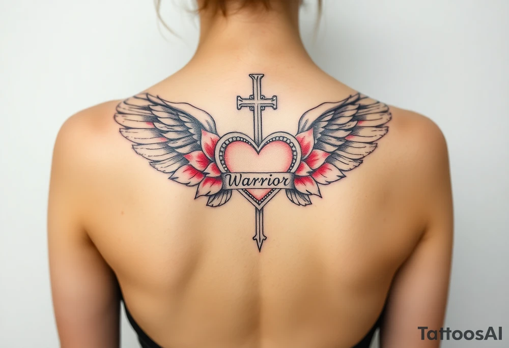 lotus flowers beautiful angel wing with word "Warrior" bold heart majestic cross tattoo idea