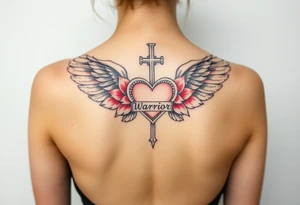 lotus flowers beautiful angel wing with word "Warrior" bold heart majestic cross tattoo idea