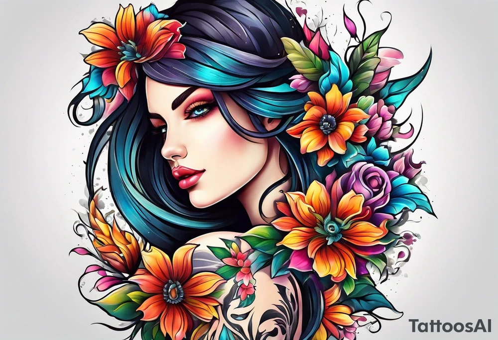 The number seven surrounded by colorful flowers tattoo idea