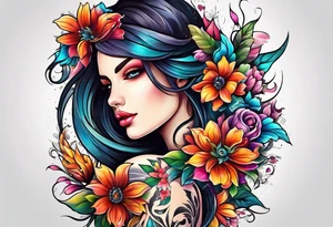 The number seven surrounded by colorful flowers tattoo idea