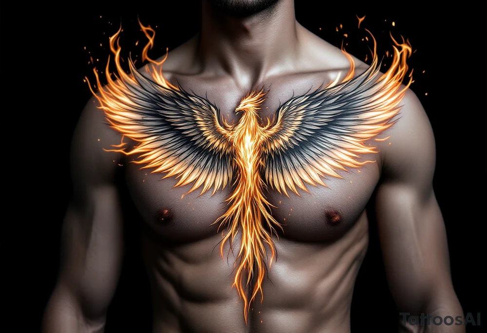 Realistic and symmetrical flaming Phoenix rebirth with spread low wings surrounded by fire mapped onto chest
Phoenix head must be in the middle of the chest, straight and symmetrical 
Fire should be surrounding spread wings
Wings should be spread low only on chest muscle tattoo idea