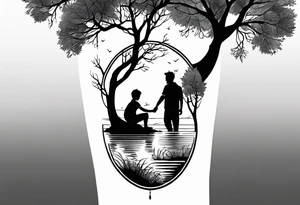 Father daughter younger son tattoo in front of water and tree tattoo idea