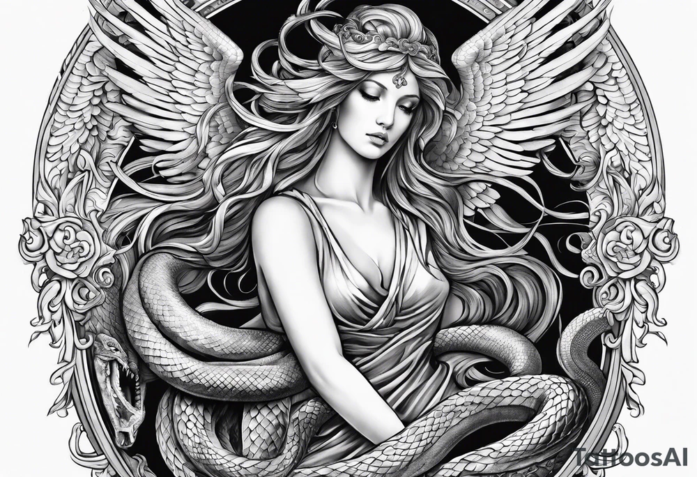 Full back piece depicting biblically accurate angels killing a snake tattoo idea Full back piece depicting biblically accurate angels killing a snake tattoo idea