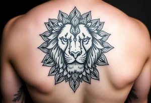 Detailed realistic lion head with mandala patterns around it that covers the hand and a small part of the fingers. tattoo idea