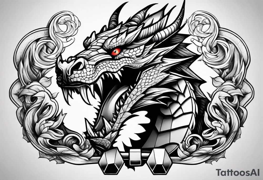 Dragon with dumbbell in mouth tattoo idea