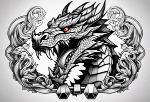 Dragon with dumbbell in mouth tattoo idea