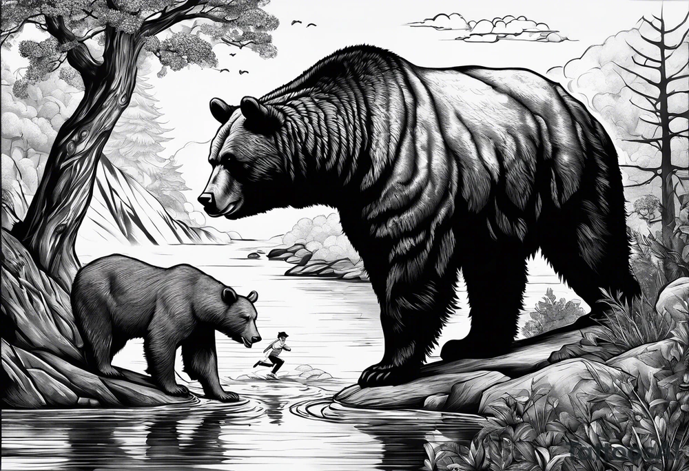 I want a sleeve tattoo design combining a bear fighting a bull, some how blend in a man walking a tightrope blending the mans head with the australian bush with a river and some how blend in a rubix cube tattoo idea