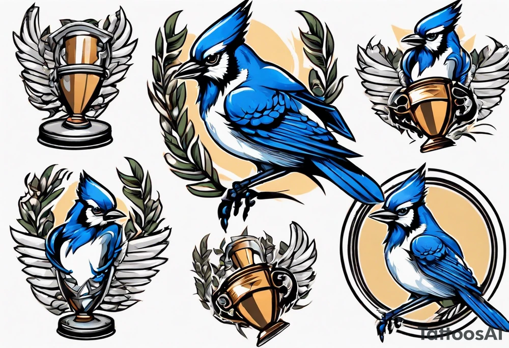 mean looking bluejay holding a trophy tattoo idea