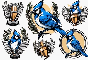 mean looking bluejay holding a trophy tattoo idea