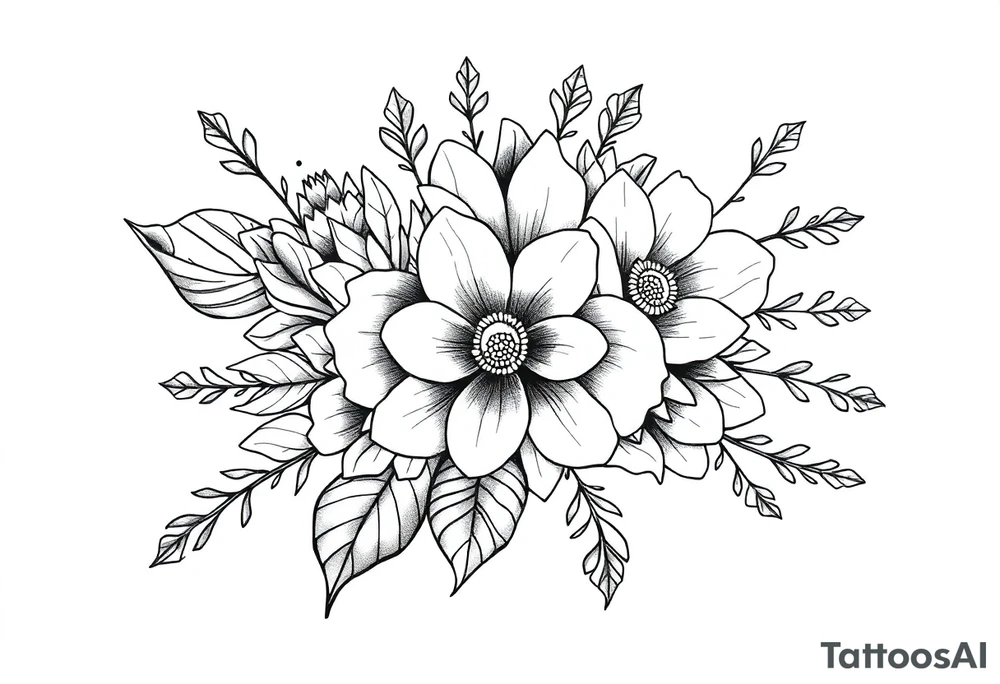 floral composition with japanese vibe, mutiple ornemental patern and leaf, dot geometric ornement, lycoris tattoo idea