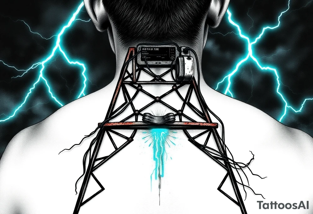 Dystopian Radio Tower with Lightning Strikes
A rusted, cyberpunk-style radio tower with crackling energy waves.
Wires hanging off like vines, with a neon-blue or green storm in the background.
Could feature a signal interference/glitch motif. tattoo idea