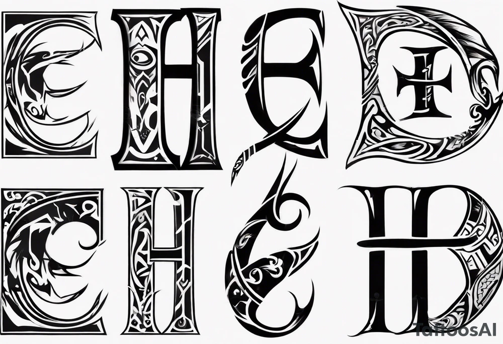 combine the letters E and H with tribal pattern tattoo idea