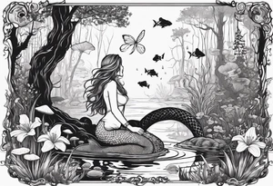 A mermaid silhouette in a swamp with cypress trees, mushrooms, wild flowers, lily pads, frogs, and bugs all around. tattoo idea