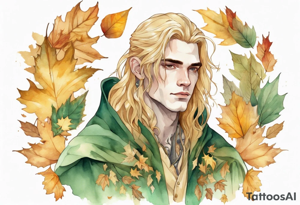 A young handsome man with pale green skin with long gold hair wearing a gold cloak surrounded by autumn leaves tattoo idea