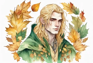 A young handsome man with pale green skin with long gold hair wearing a gold cloak surrounded by autumn leaves tattoo idea