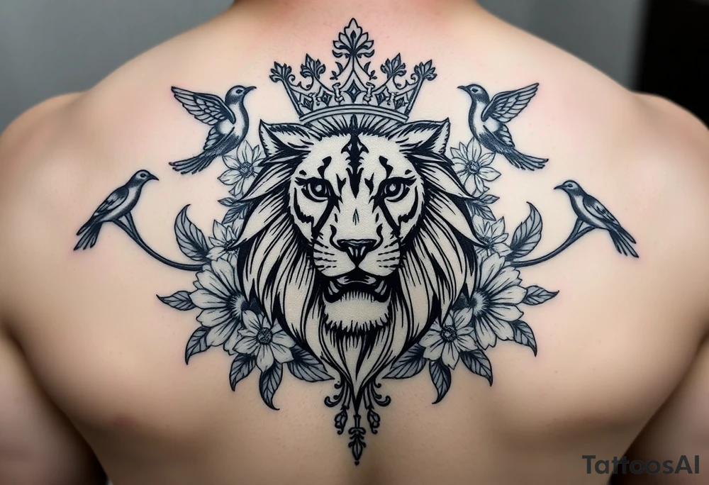 powerful majestic lion with a crown, surrounded by floral ornaments and birds tattoo idea