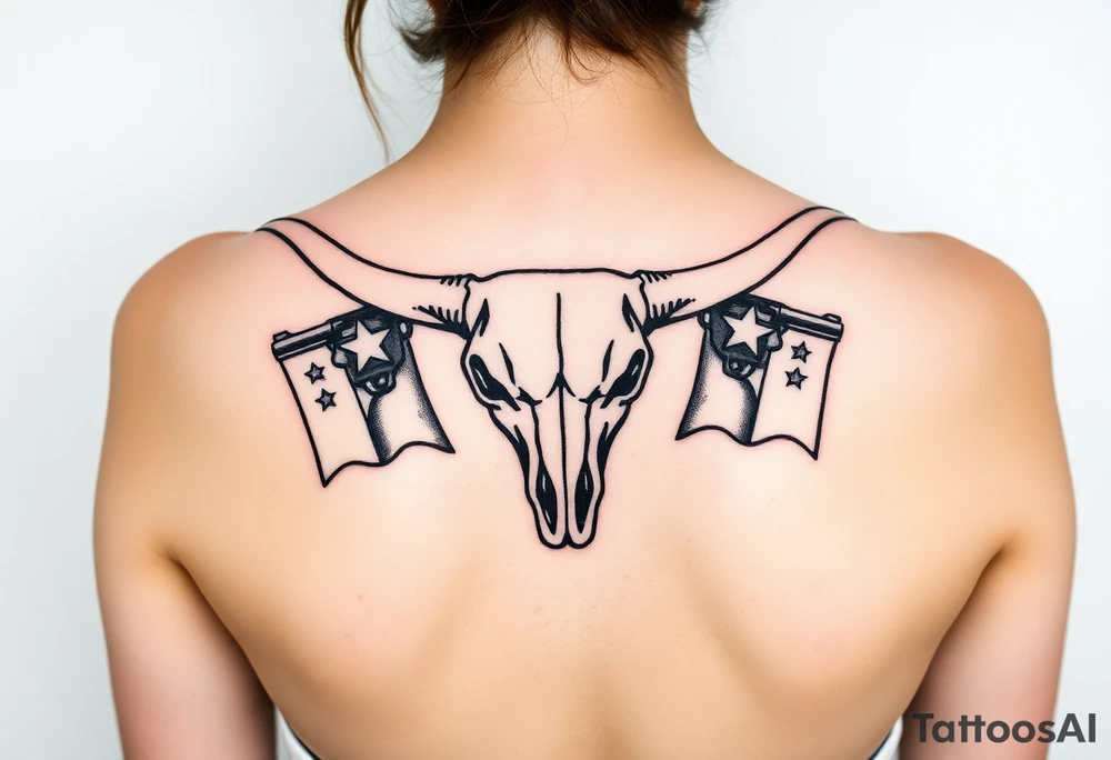 Longhorn skull with revolvers either side and Texas flag with stars around it tattoo idea