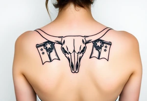 Longhorn skull with revolvers either side and Texas flag with stars around it tattoo idea