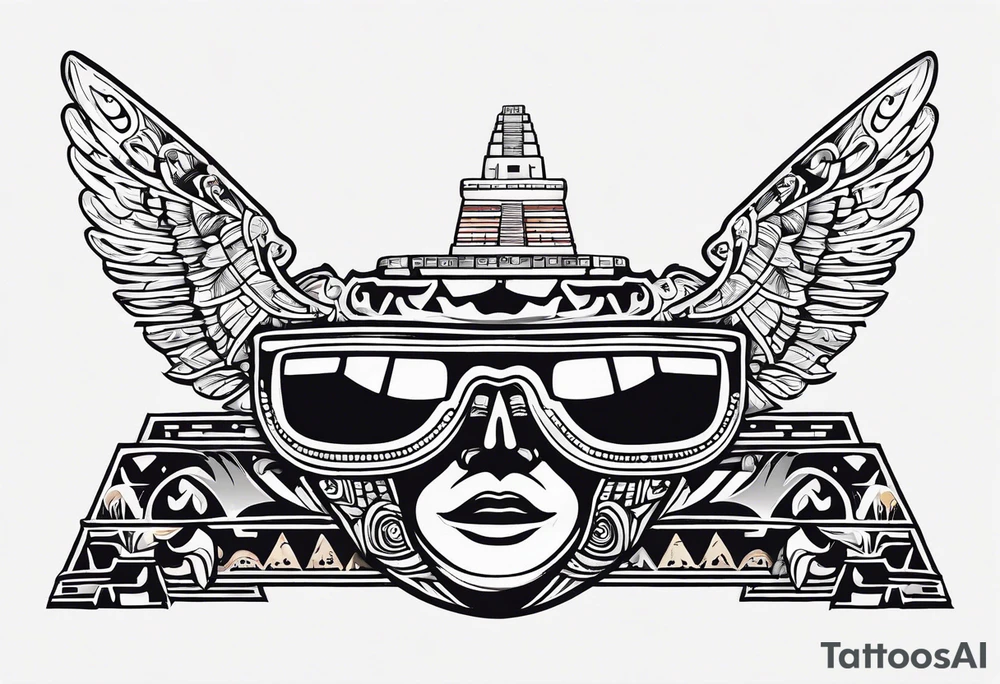 Colorful Mayan hieroglyph with sunglasses reflecting Chichen itza. Bats and waves tattoo idea