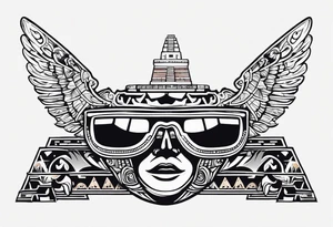Colorful Mayan hieroglyph with sunglasses reflecting Chichen itza. Bats and waves tattoo idea