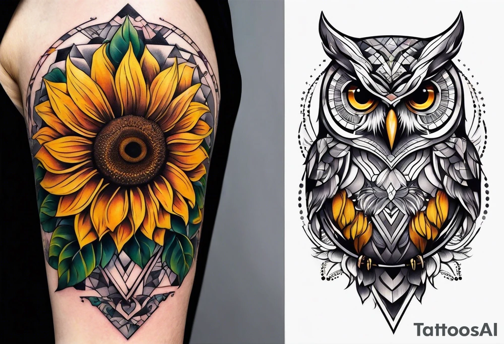 Owl and sunflower sleeve tattoo idea